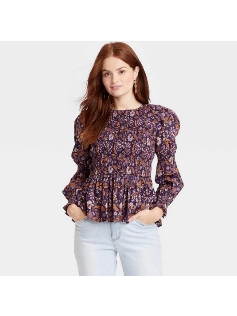 Universal Thread Purple Floral Smocked Peplum Blouse Large